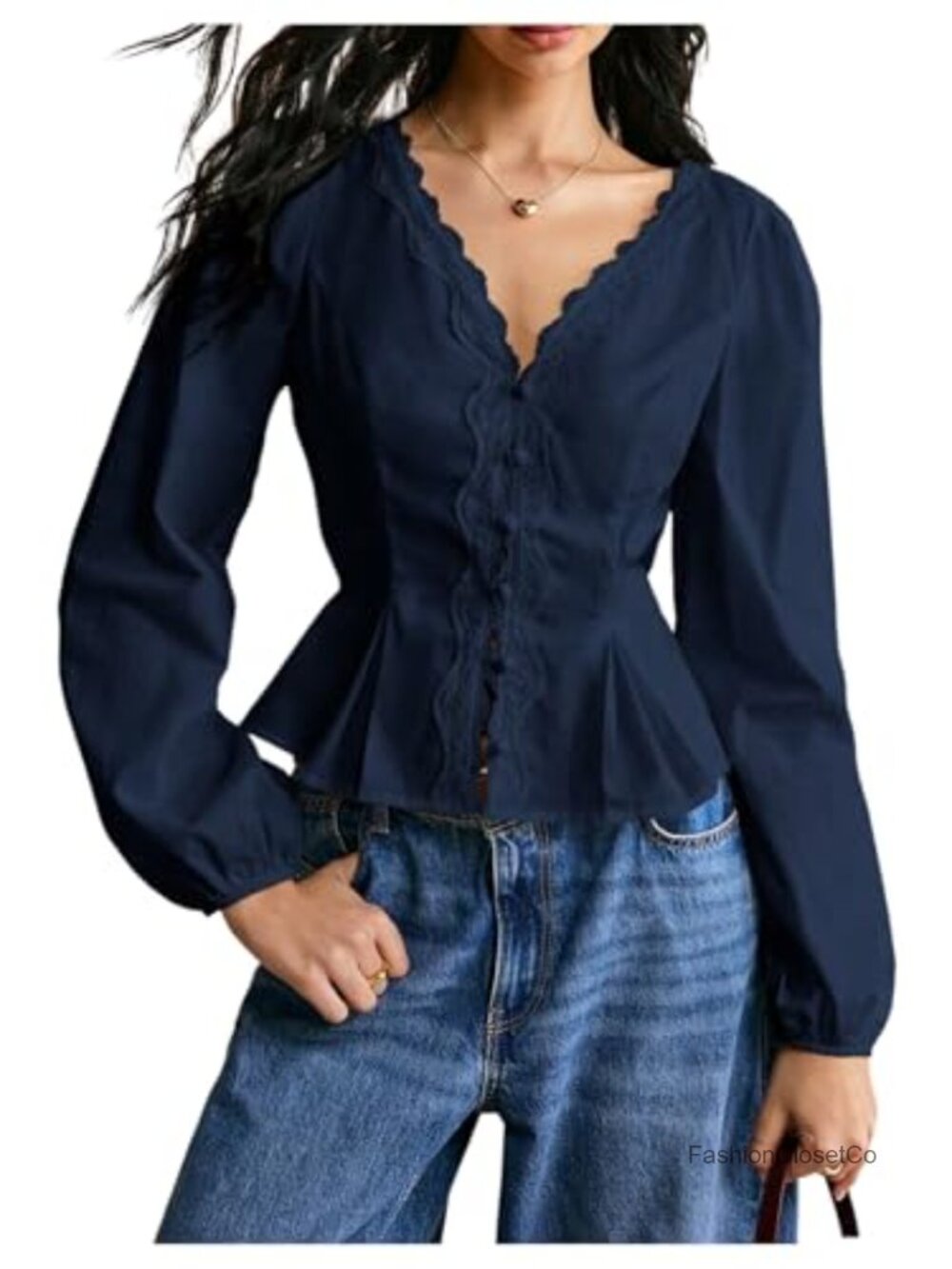 Women's Contrast Lace Peplum Blouse V Neck Long Sleeve Button Down Shirt